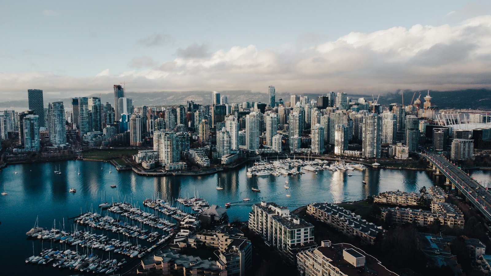 Aerial view of Greater Vancouver skyline and marina